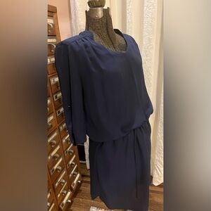 Renee C Navy Blue Chiffon Dress | Minimalist Layered Shift | Size Small